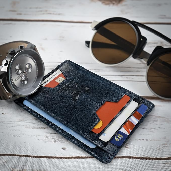 Mens RFID Blocking Leather Slim Card Case Wallet with Easy Access ID windows, Cash & Card Slots, Crafted with Premium Top Grain Leather Ideal for Travel or Everyday Use (Darkest Midnight Blue)