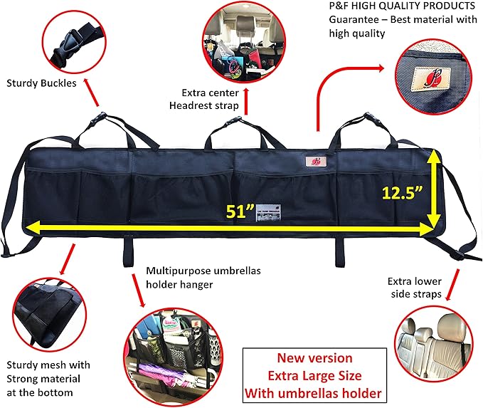 P&F HIGH QUALITY PRODUCTS SUV Trunk Organizer by P&F, Extra Large Collapsible Cargo Net Backseat Storage with Umbrella Holder Hanging for Compact Crossovers to Mid-size SUVs, CRV (black w/h - XL)