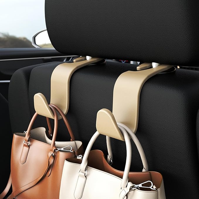 Amooca 4-Pack Car Headrest Hooks Vehicle Storage Organizer for Purses Handbags Groceries Coats –Holds 55lbs 360° Rotating Simple Design Beige