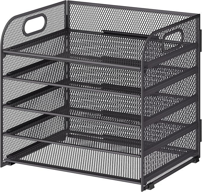 Cawukege 5 Tier Paper Organizer with Handle, Grey Metal Mesh Desk Organizer File Folder Paper Letter Tray Desktop Document Sorter for Classroom, School, Office Accessories Organization and Storage