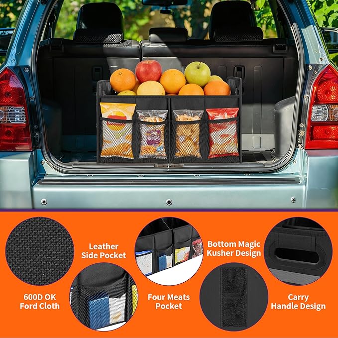 BQKOZFIN Large Capacity Sturdy Trunk Storage Organizer, Water Resistant Collapsible Organization Container, Multi-Compartment Car or SUV Accessories, Black