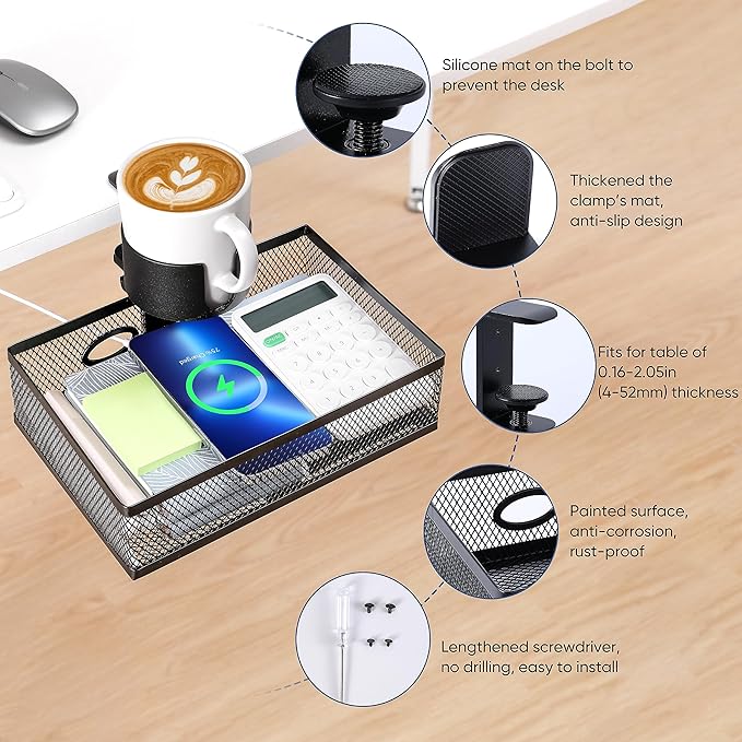 360 Rotating Under Desk Drawer Organizer with Cup Holder Clamp On Desk Drawer No Drilling Table Management Tray Anti-Slip Swivel Pencil Drawer Under Table Storage Easy Install for Home Office
