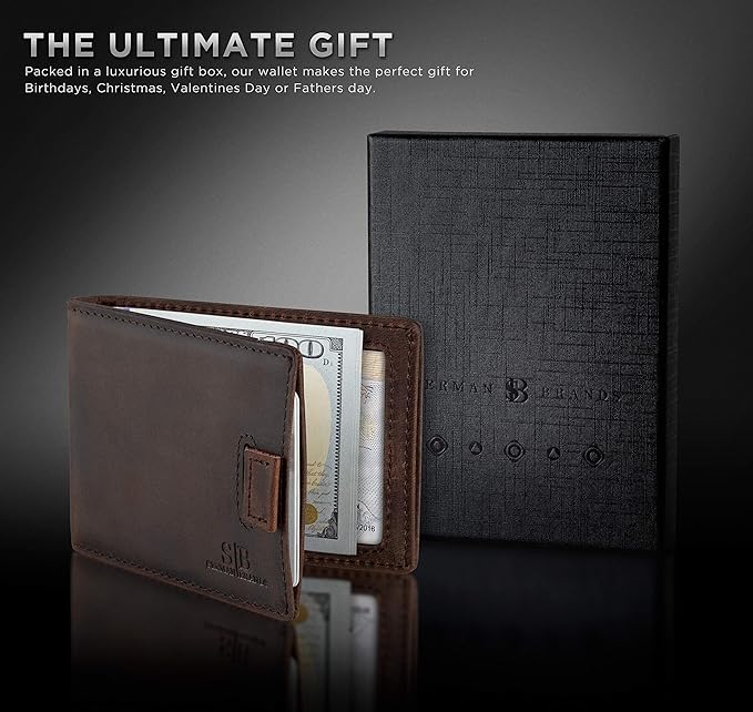 SERMAN BRANDS RFID Blocking Slim Money Clip Wallet – Leather Bifold Front Pocket Minimalist Mens Wallet with Money Clip for Men, Small Credit Card Holder Wallet - Travel Wallet with Gift Box