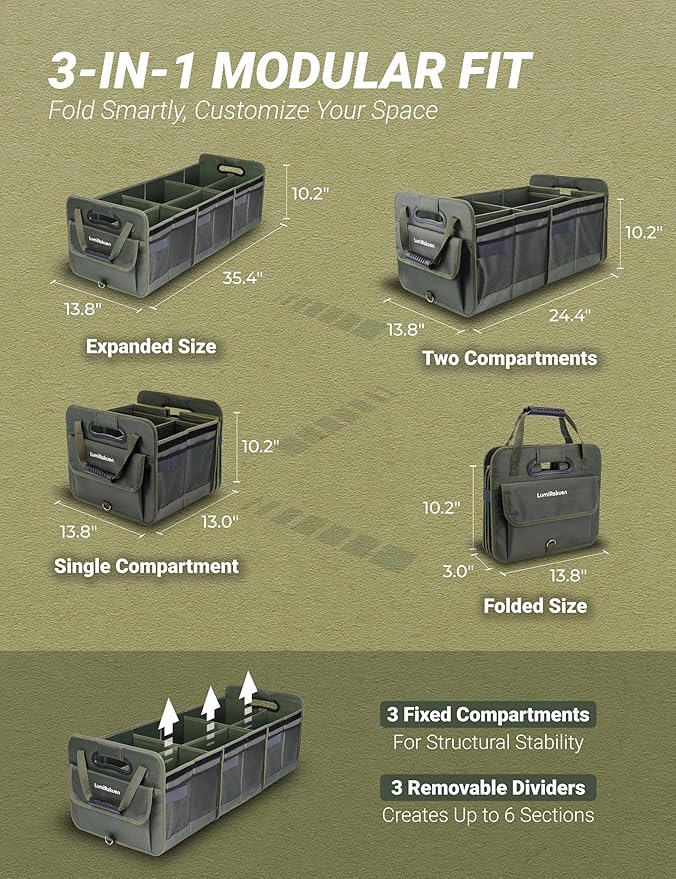 Heavy Duty Trunk Organizer with Lid for Car SUV-1680D Water-Resistant Fabric &3.5mm PP Skeleton,Collapsible Cargo Storage Box with No Sliding Metal Hooks,Fits Tesla,Truck,Sedan (XL Green