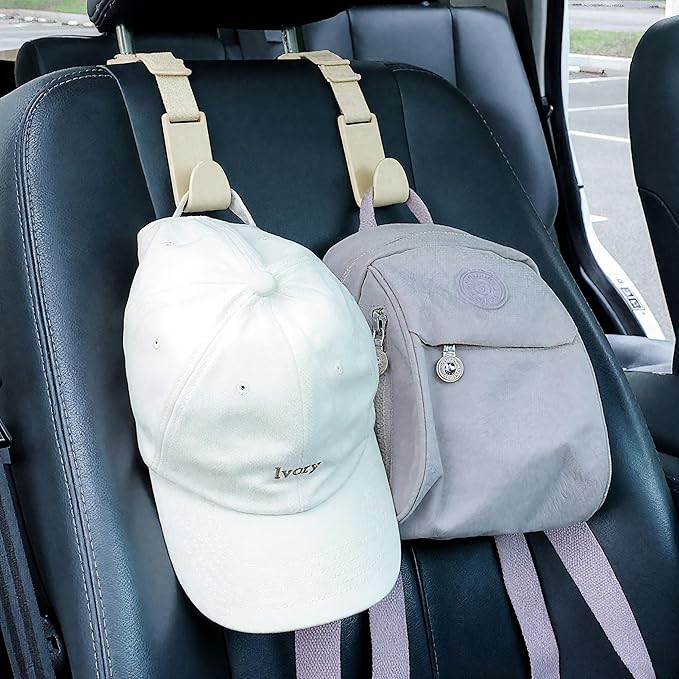 Amooca Car Headrest Hooks 4 Pack Adjustable Universal Fit Auto Seat Back Organizer Storage Hanger Purse Bags Holder with Clip Beige