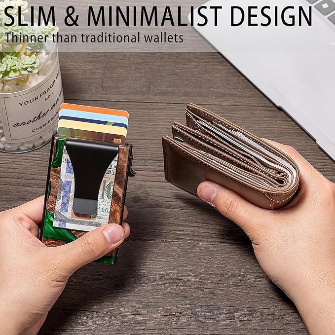 Slim Aluminum Wallet for Men, RFID Blocking Minimalist Matel Pop Up Card Holder Wallet, Holds 8+ Cards,Durable Removable Money Clip & Money Pocket(Resin Green Wood)