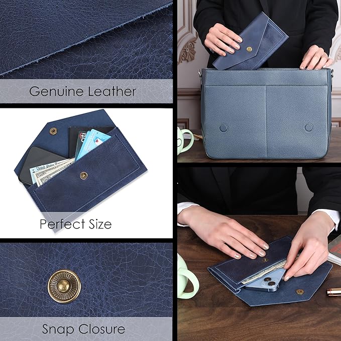 Blue Leather Cash Envelopes for Money Pouch Currency Holders - Soft Leather Money Bag Mobile Holder for Travel - Genuine Leathers Wallets for Women Money Bag - Travel Money Pouch Cash Holder