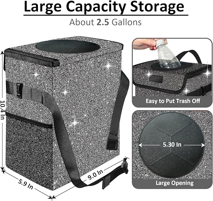 Cute Mini Car Trash Bag with Lid, Glitter Garbage Can Bin Hanging for Back/Front Seat/Console, Waterproof, Leakproof, 2.5 Gallon, Black Bling Sparkly