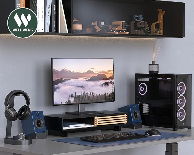 Monitor Stand with Sliding Bamboo Doors, 25 Inch Heavy Duty Wood Computer Monitor Riser, Ergonomic Desk Organizer with Storage & Keyboard Tray, Natural & Black