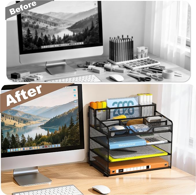 Docnest 4 Tier Mesh Desk Organizer, Multi-Functional Paper Letter Tray with 5 Adjustable Compartments & 3 Pen Holders - Space-Saving Desktop Storage for Office Files, Mail, Stationery - Black
