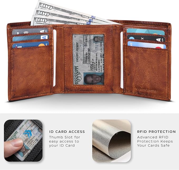 Tri fold Leather Wallet for Men with RFID | Slim Wallets for Men with 1 ID and 6 Credit card slots | Front Pocket Minimalist