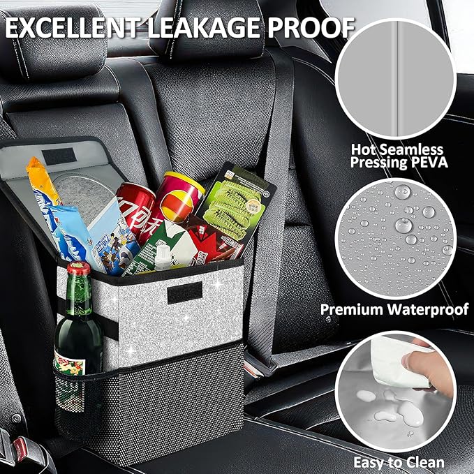 Cute Mini Car Trash Bag with Lid, Glitter Garbage Can Bin Hanging for Back/Front Seat/Console, Waterproof, Leakproof, 2.5 Gallon, Silver Bling Sparkly