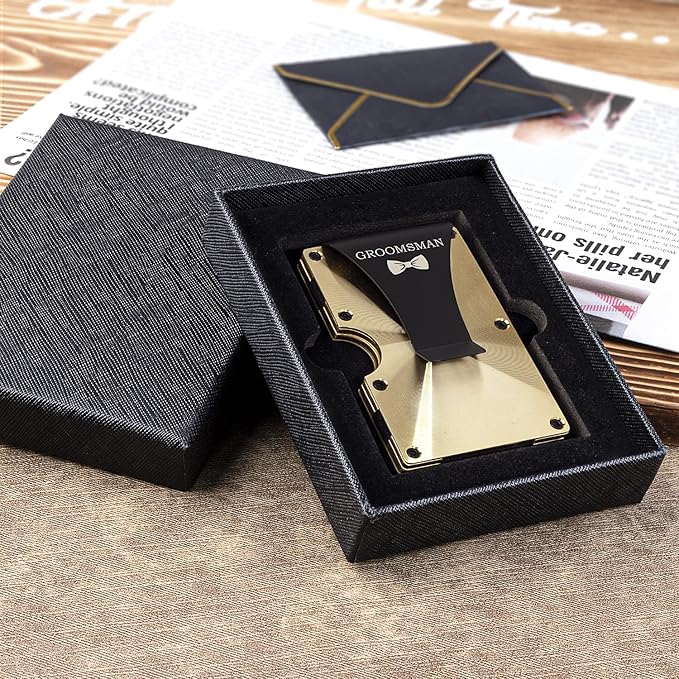awofer Personalized Groomsmen Gifts Wallets Set Custom Gift for Groomsman Gold Aluminum Metal Wallet with Money Clip Engraved Wallet to Groomsmen Elegant Gifts Card Holder