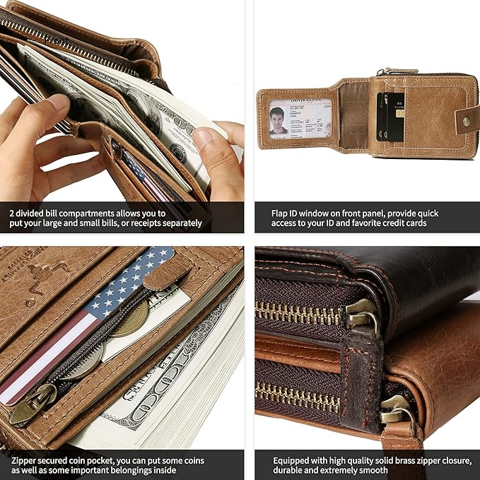 MING CLAN Men's Zipper Wallet, Tobacco Leather, RFID Blocking, Big Capacity, Flap ID Window, 12 Credit Card Slots, 2 Bill Compartments, 2 Vertical Pockets
