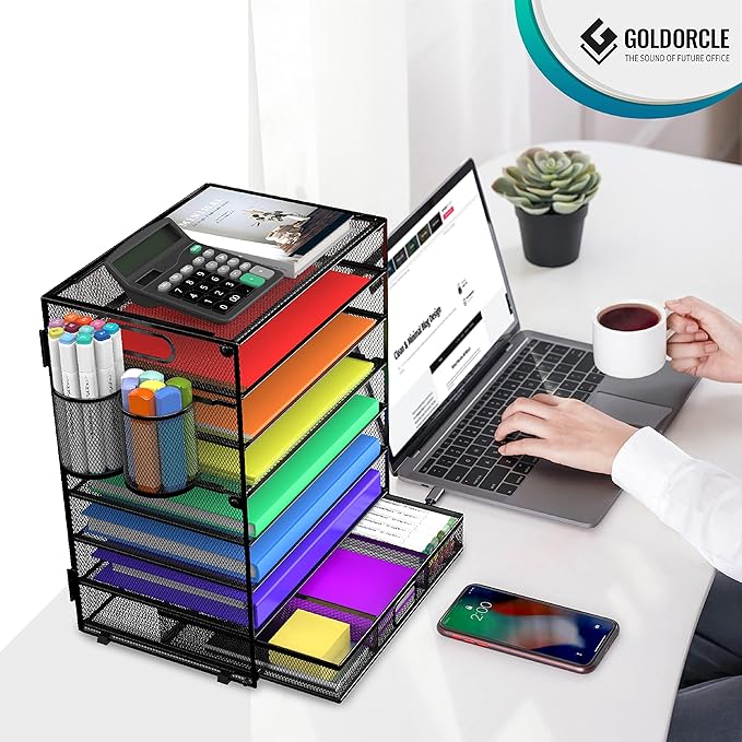 8 Tier Paper Letter Tray Organizer with Handles, Mesh Desk File Holder Storage Organization for Home School Classroom & Office (Black-with Drawer,Pen Holders)