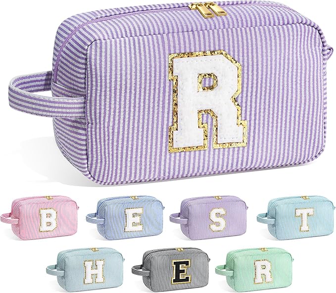 YOOLIFE Birthday Gifts for 6 7 8 9 10 11 12 13 14 15 Year Old Teen Girl - Initial Makeup Bag Letter Toiletry Pouch Cosmetic Case, Personalized Teen Girl Gifts Trendy Stuff Party Favor, Purple R