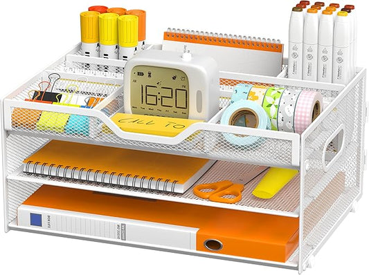 3-Tier Letter Paper Tray Desk Organizer, White Desktop File Rack Holder with 3 Drop in Pencil Holder and Sliding Tray for Office Classroom and Home Supplies Organization Storage