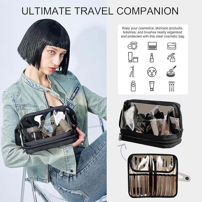 Rough Enough Clear Cosmetic Bag for Women and Men, Leakproof Travel Makeup Organizer, with Detachable Brush Pouch, Large Opening, 6.5”x5”x8.5”, Black