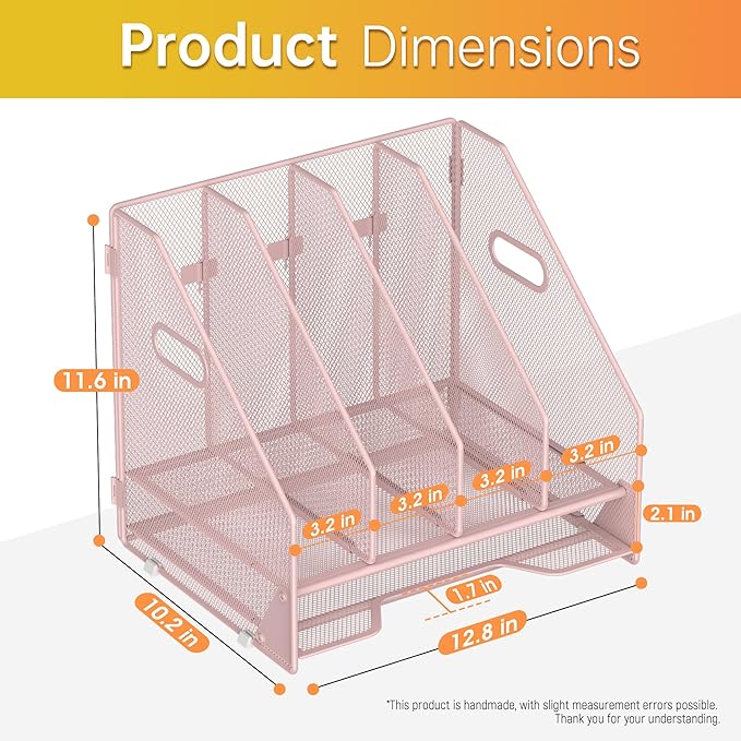 Docnest Desk File Holder Sorter, 4 Vertical Compartments Rack with Letter Tray, Mesh Magazine File Holder with Handle,Workspace Organizers,Desk Organizers for Paper, Mail, Documents-Pink