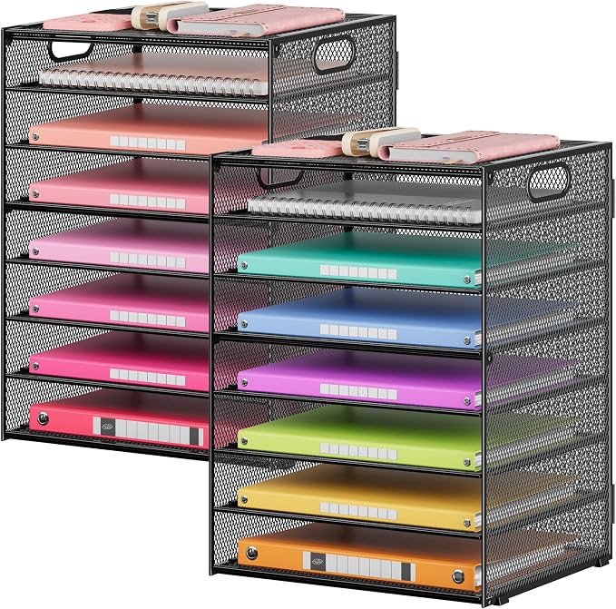 Lavatino 2 Pack 8-Tier Office Desk File Organizer, Letter Tray Paper Organizer with Handle, Including 5 Adjustable Slide Trays for Organizing Desktop Workspace Accessories and Supplies (Black Mesh)