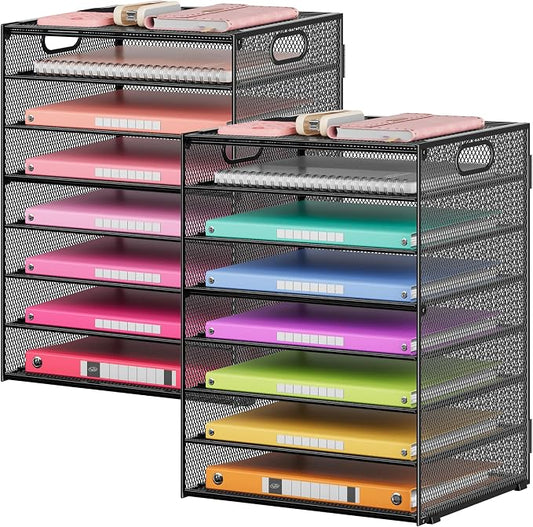Lavatino 2 Pack 8-Tier Office Desk File Organizer, Letter Tray Paper Organizer with Handle, Including 5 Adjustable Slide Trays for Organizing Desktop Workspace Accessories and Supplies (Black Mesh)