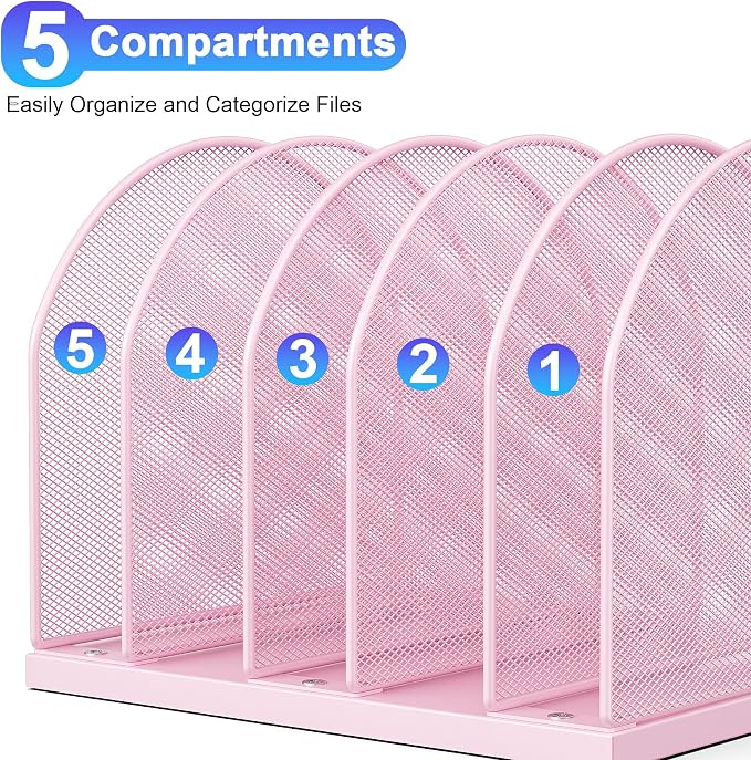 gianotter Desktop File Organizer, Desk Organizer with 5 Compartments, Paper Organizer for Desk, Workspace Organizers for Office Supplies (Pink, Upright Style)
