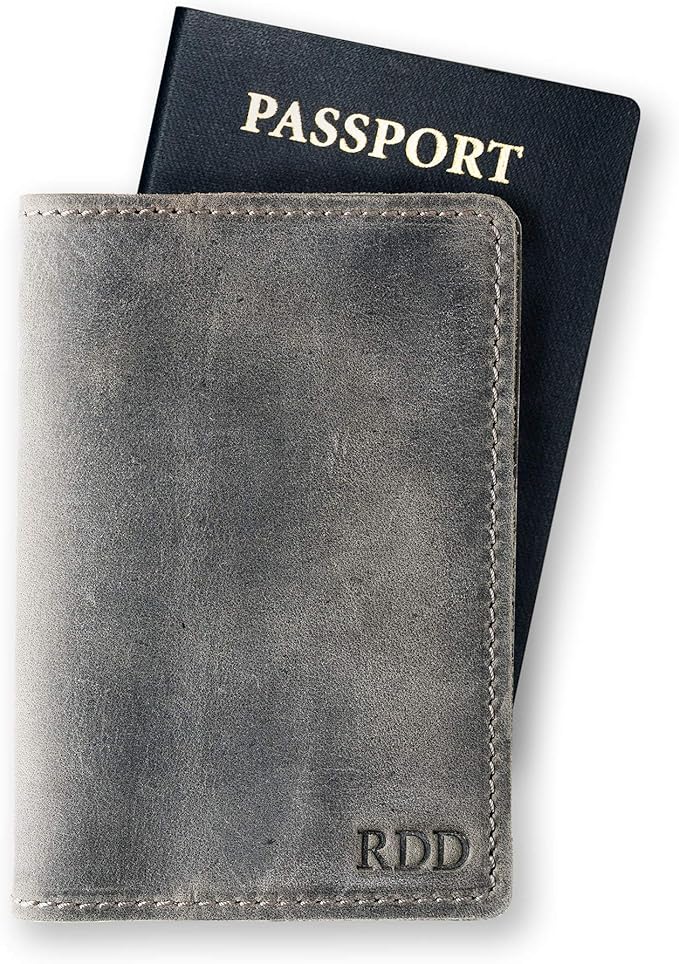 PEGAI Personalized Leather Passport Holder Cover Wallet Travel Essentials | 100% Soft Touch Rustic Travel Wallet Case, International Travel Must Haves | DeKalb (Rock Gray)