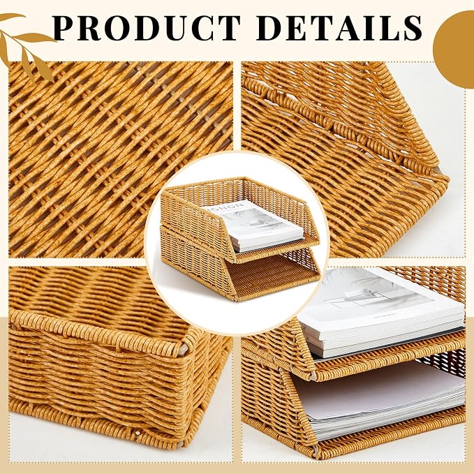 Yeaqee 2 Pcs Paper Tray Organizer for Desk Woven Letter File Organizer A4 File Tray Desk Paper Basket Letter Size Imitation Rattan Holder Organization Rack for Office Storage(Brown,Sleek Style)