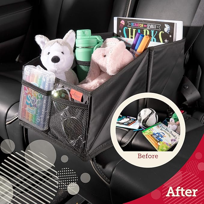 Lusso Gear 9-Compartment Car Seat Organizer with Cup Holders - For Front, Back, Passenger Seats, Truck and Van (Black w Red Stitch)