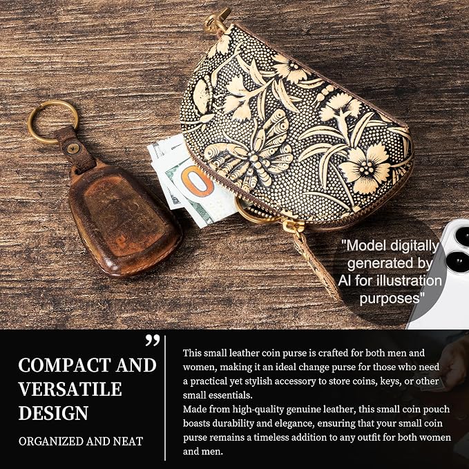 Gexmil Genuine Leather Coin Purse with Zipper, Full Grain Leather, Mini Coin Pouch for Women Men, Change Wallet,Butterfly Grey