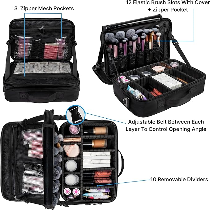 Carrywell Makeup Bag Travel Case, Not-Made In China, Hard Train Case for Cosmetics, Portable Beauty Artists Organizer, Storage Box With Adjustable Dividers For Make Up and Brushes, Medium Black