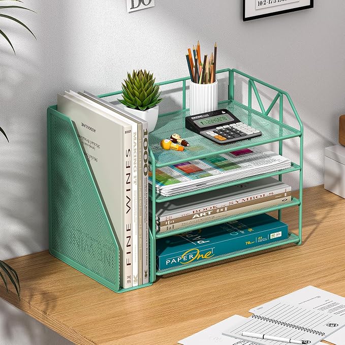 4-Tier Paper File Organizer with Bookend, Metal Desk Organizer, Tiered Paper Tray for Letter/A4 Files, Desktop Office Supplies Storage Rack for Home Office, Classroom, School & Work,Green