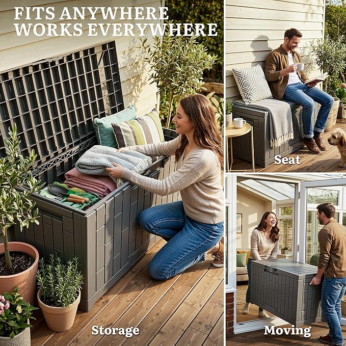 YITAHOME 60 Gallon Outdoor Storage Box, Waterproof Resin Deck Box with Slide-Locking Lid, Patio Storage Bin and Bench Seat for Patio Furniture, Garden Tools and Pool Accessories, Light Brown