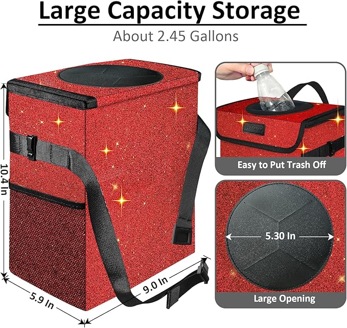 Car Trash Can, Cute Mini Trash Bag With Lid, Glitter Garbage Bin Hanging for Back/Front Seat/Console, Waterproof, Leakproof, 2.5 Gallon, Red Bling Sparkly