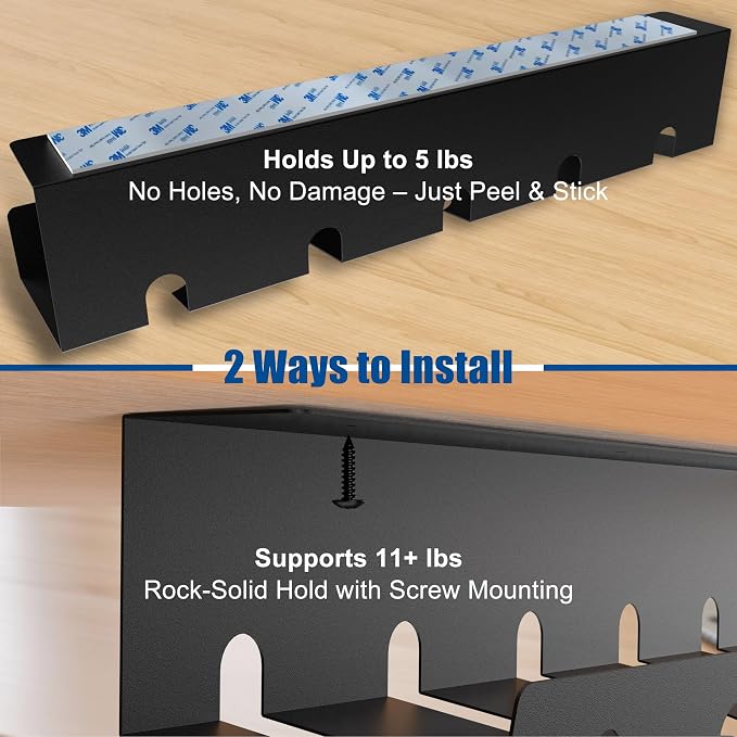 2 Pack 17" Under Desk Cable Management Tray, Metal Wire Management Standing Desk Cord Organizer Power Strip Holder with Cable Ties and Clips for Home Office, Black