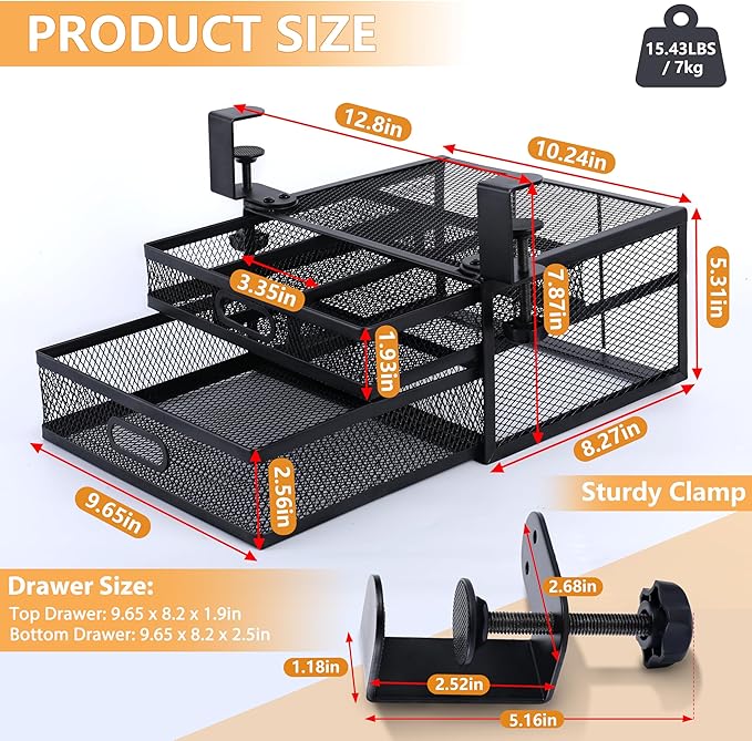 Sliding Under Desk Drawer Organizer No Drilling 2 Drawers Slide Out Desktop Or Under Table Storage Metal Clamp On Desk Drawer Attachment Anti-Slip Under Desk Organizer for Home & Office