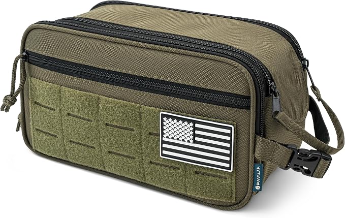 PAVILIA Tactical Toiletry Bag for Men, Water Resistant Molle Military Dopp Kit, Travel Hygiene Organizer with Wet Dry Storage for Shaving, Grooming, Gym and Camping, Olive