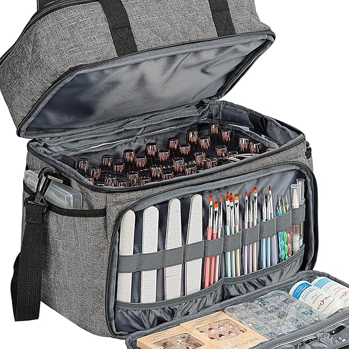 HOMEST Double Layer Nail Polish Organizer Holds 80 Bottles (15ml/0.5 fl. oz) and a Lamp, Case with 2 Removable Pouches for Manicure Tools Storage, Grey(Bag Only)