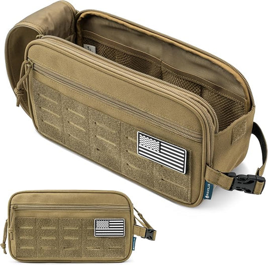 PAVILIA Tactical Toiletry Bag for Men, Water Resistant Molle Military Dopp Kit, Travel Hygiene Organizer with Wet Dry Storage for Shaving, Grooming, Gym and Camping, Tan XL