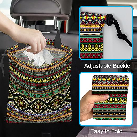 Car Trash Bag Hanging Green Ethnic Style Car Trash Can Waterproof Garbage Bag Hanging for Car Back Seat