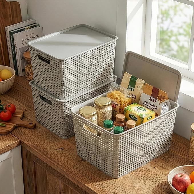 BINO | Plastic Storage Baskets with Lids, 22 Liter - 3 Pack, Natural Grey | THE WOVEN COLLECTION | Storage Basket for Shelves | Woven Storage Baskets for Organizing Bins | Pantry Shelf Organizer Bin