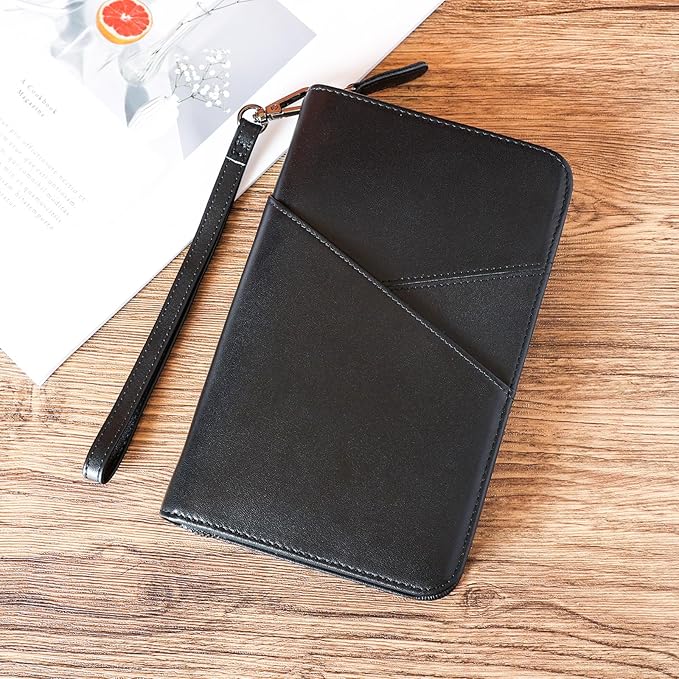 Polare Napa Leather Passport Holder With YKK Zipper RFID Blocking Travel Document Organizer Ticket Holder Cover Case Holds 2 Passports (Black)