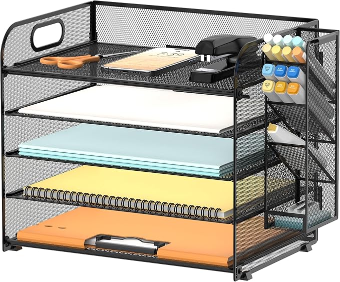 SUPEASY 5 Tier Desk Organizer with Handle & Removable Pen Holders, Mesh Paper/File Organizer for Desk, Paper Letter Tray Organizer for Office Supplies (Black)