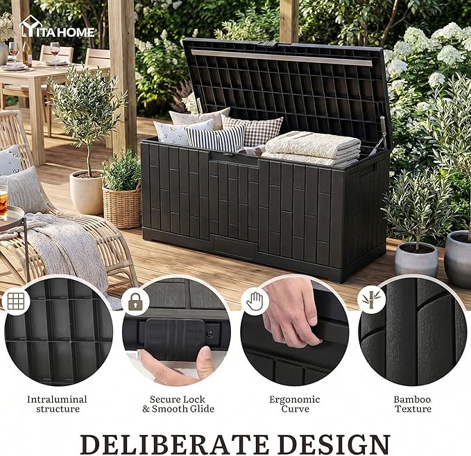 YITAHOME 120 Gallon Outdoor Storage Deck Box, Large Resin Patio Storage Box with Slide-Locking Lid, 53"L 2-Person Bench Seat for Outdoor Pillows, Garden Tools & Pool-Supplies, Waterproof (Black)