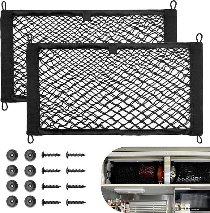 RED WOLF 2 Pcs Small Cargo Net Pocket Elastic Mesh Netting Car Mesh Pouch for Trunk RV Boats Home Cargo Storage with Screws and Hooks (17.7'' x 9.8'')