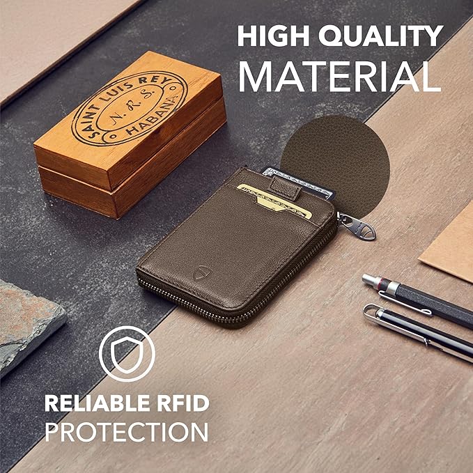 Vaultskin NOTTING HILL Minimalist Leather Zipper Wallet for Women and Men: Slim Multi Cardholder with RFID Blocking and Keychain Ring