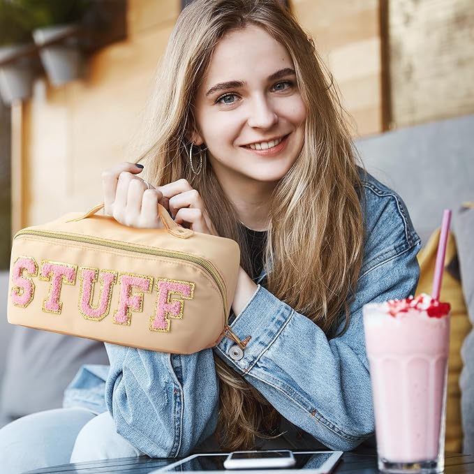 Y1tvei Pink Stuff Makeup Bag - Large Capacity Beige Cosmetic Pouch, Nylon Stony Clover Nylon Stony Clover Makeup Pouch Outfit Decoration Wide Open Cosmetic Package Travel Gift for Women Birthday Party