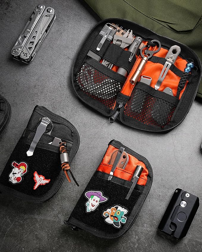 VIPERADE VE10 EDC Pouch Small Pocket Tool Pouch with 10 Compartments, Men's Pocket Organizer for Multitools, EDC Organizer with Patches Area for DIY (Black+Orange)