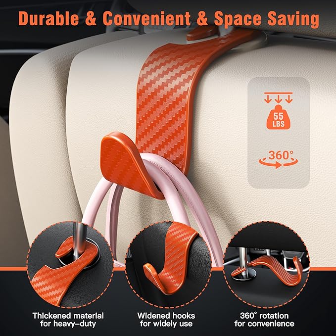 Amooca Car Seat Headrest Hook 4 Pack Hanger Universal Vehicle Car Storage Organizer for Handbag Purse Coat S Type Checkered Orange