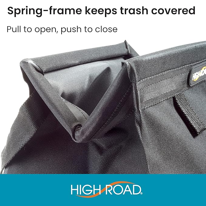 High Road Car Organizer with Car Trash Bag and Tissue Holder - Holds Full Size Tissue Box, Bottles and Wipe Containers - 2 Gal Leakproof Covered Car Trash Can with Push-Close Lid